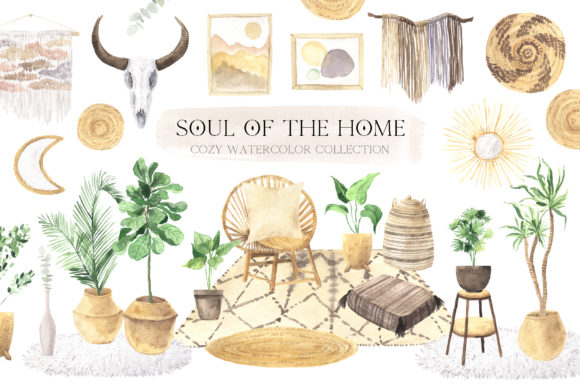 Download Watercolor Boho Home Interior Clipart - Boho home Collection